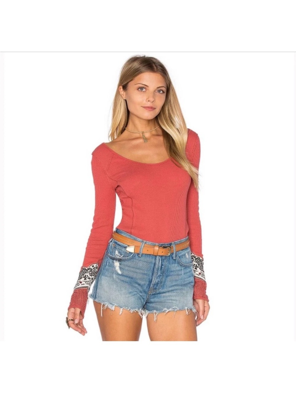 Free People WE THE FREE Size L RARE Ruby Hyperactive Print Cuff Thermal Top